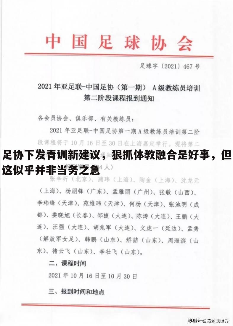 足协下发青训新建议，狠抓体教融合是好事，但这似乎并非当务之急