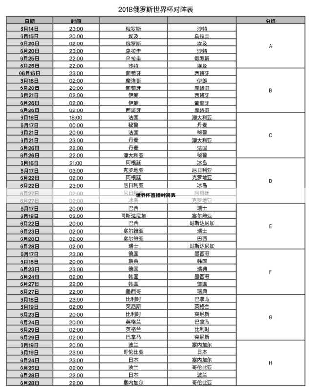 世界杯直播时间表