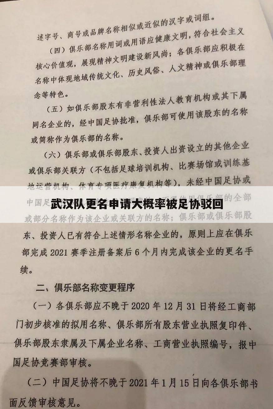 武汉队更名申请大概率被足协驳回