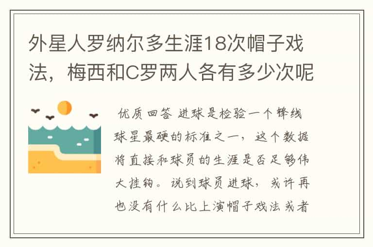 外星人罗纳尔多生涯18次帽子戏法，梅西和C罗两人各有多少次呢？