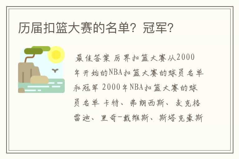 历届扣篮大赛的名单？冠军？