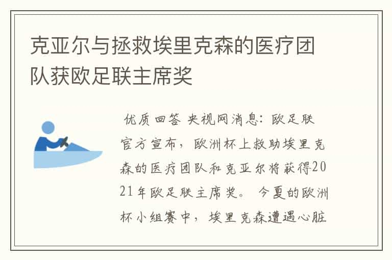 克亚尔与拯救埃里克森的医疗团队获欧足联主席奖