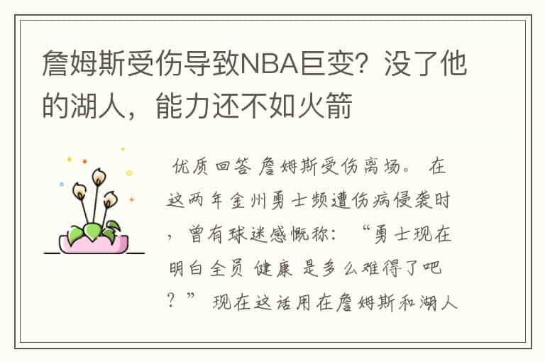 詹姆斯受伤导致NBA巨变？没了他的湖人，能力还不如火箭