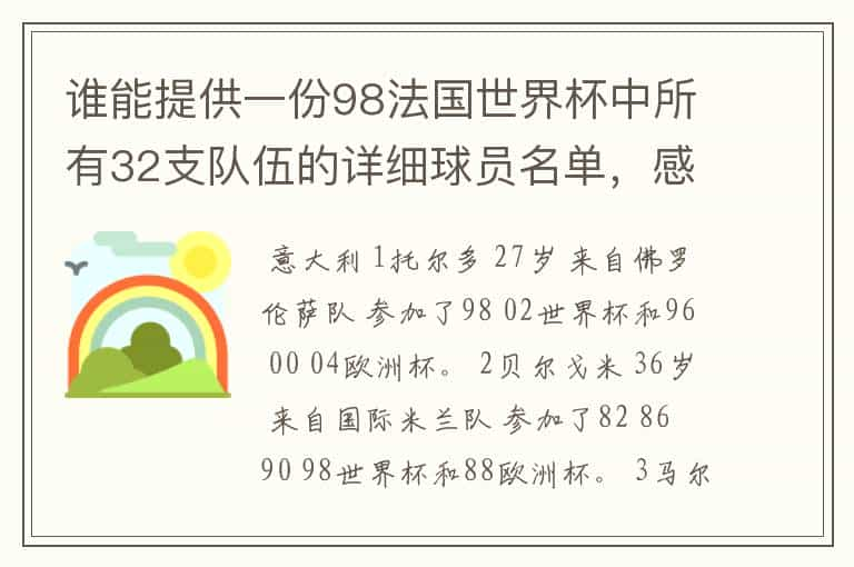 谁能提供一份98法国世界杯中所有32支队伍的详细球员名单，感激不尽！