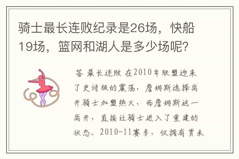 骑士最长连败纪录是26场，快船19场，篮网和湖人是多少场呢？