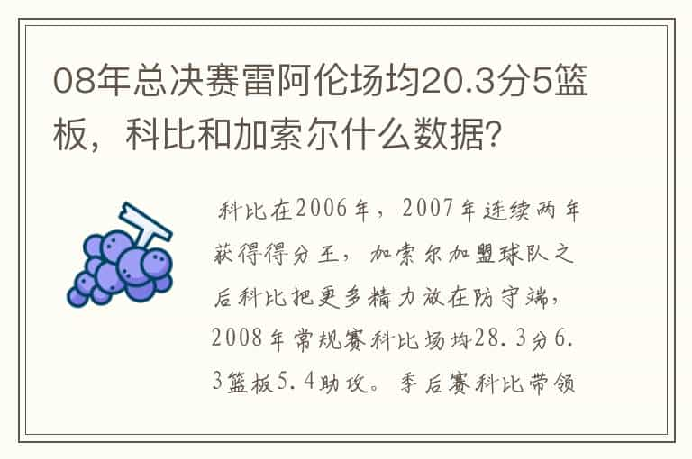 08年总决赛雷阿伦场均20.3分5篮板，科比和加索尔什么数据？