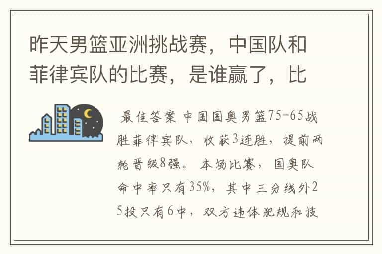 昨天男篮亚洲挑战赛，中国队和菲律宾队的比赛，是谁赢了，比分是多少。