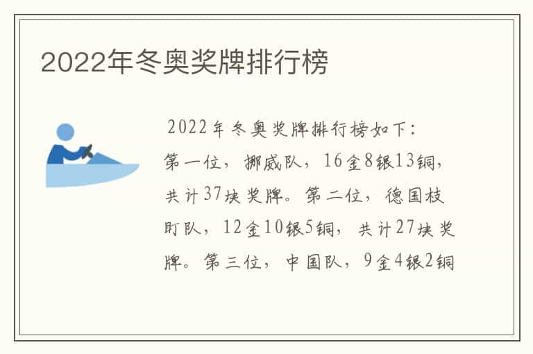 2022年冬奥奖牌排行榜