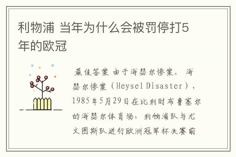 利物浦 当年为什么会被罚停打5年的欧冠