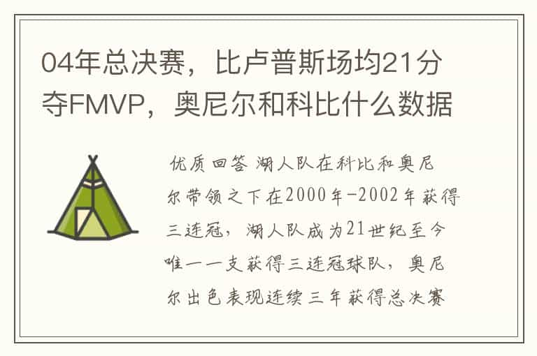 04年总决赛，比卢普斯场均21分夺FMVP，奥尼尔和科比什么数据？