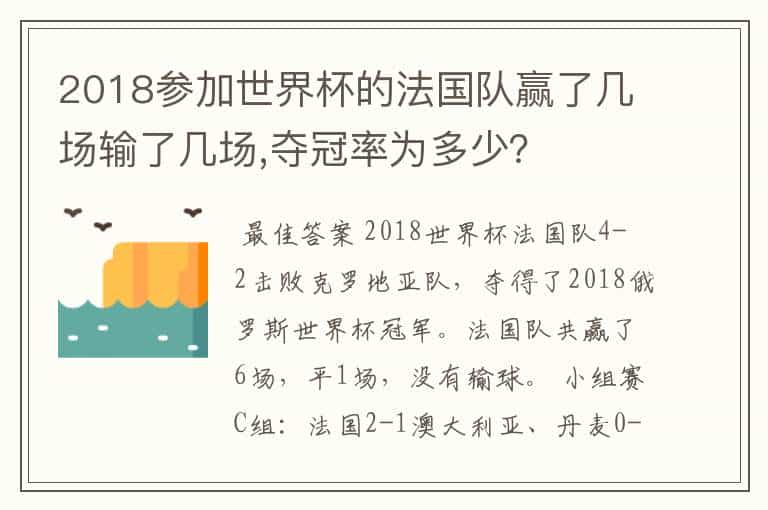 2018参加世界杯的法国队赢了几场输了几场,夺冠率为多少？