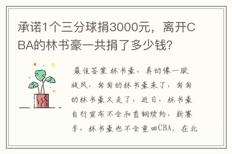 承诺1个三分球捐3000元，离开CBA的林书豪一共捐了多少钱？