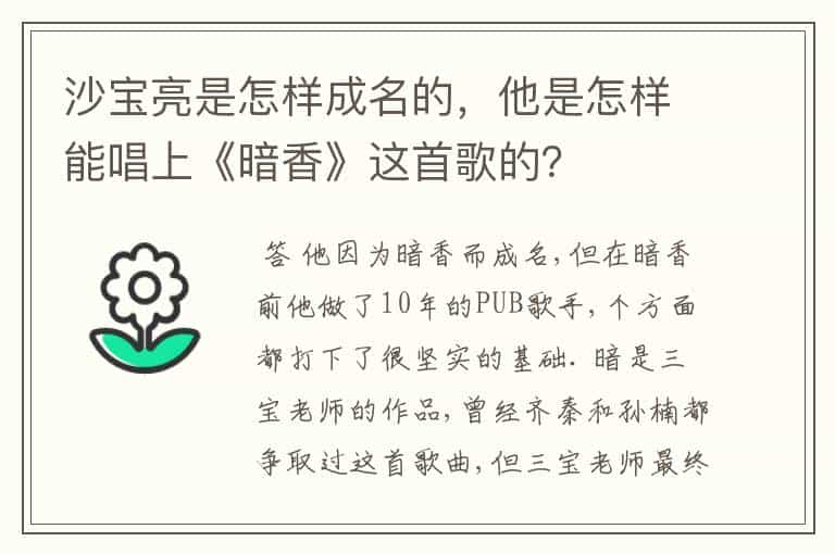 沙宝亮是怎样成名的，他是怎样能唱上《暗香》这首歌的？