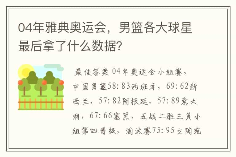 04年雅典奥运会，男篮各大球星最后拿了什么数据？