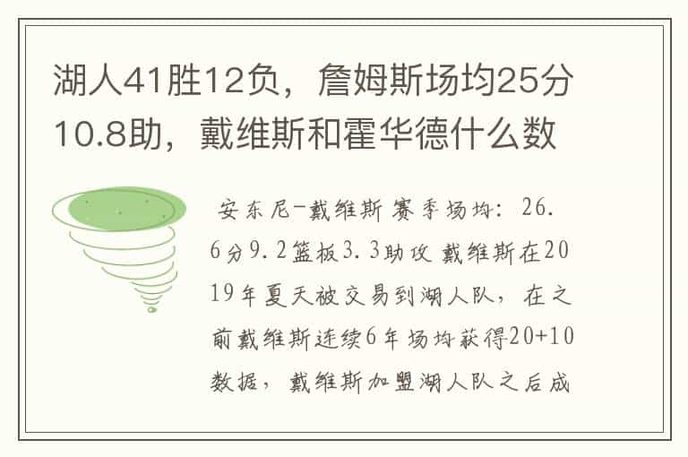 湖人41胜12负，詹姆斯场均25分10.8助，戴维斯和霍华德什么数据？