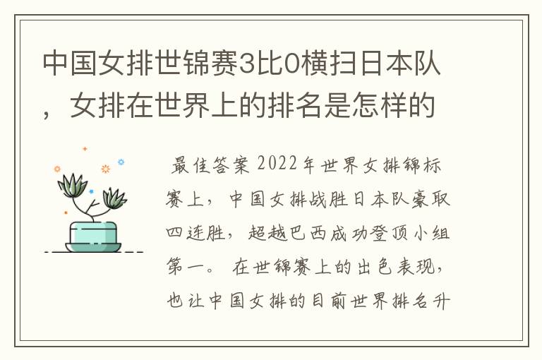 中国女排世锦赛3比0横扫日本队，女排在世界上的排名是怎样的？