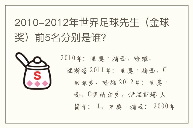 2010-2012年世界足球先生（金球奖）前5名分别是谁？