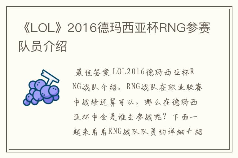 《LOL》2016德玛西亚杯RNG参赛队员介绍