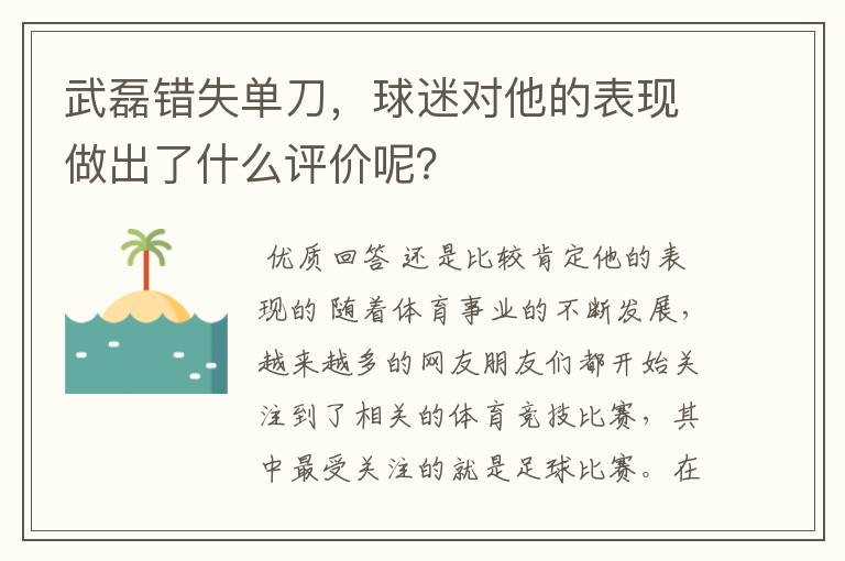 武磊错失单刀，球迷对他的表现做出了什么评价呢？