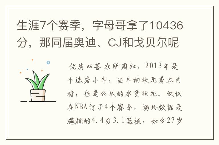 生涯7个赛季，字母哥拿了10436分，那同届奥迪、CJ和戈贝尔呢？