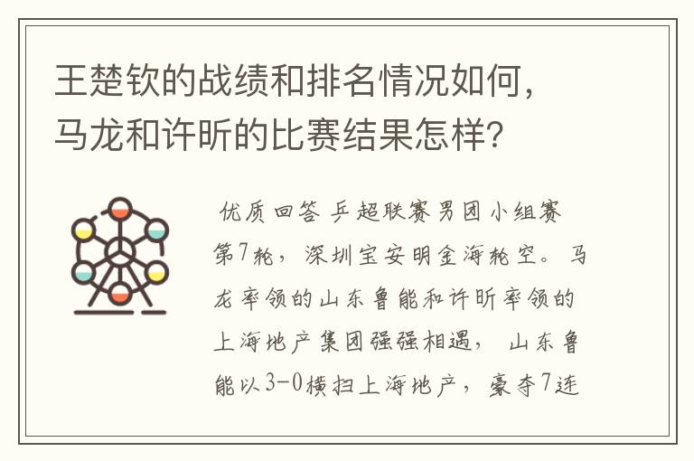 王楚钦的战绩和排名情况如何，马龙和许昕的比赛结果怎样？