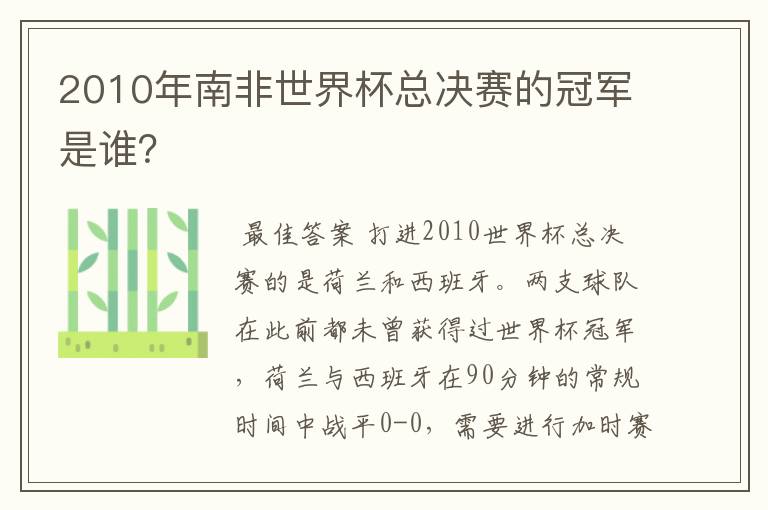 2010年南非世界杯总决赛的冠军是谁？