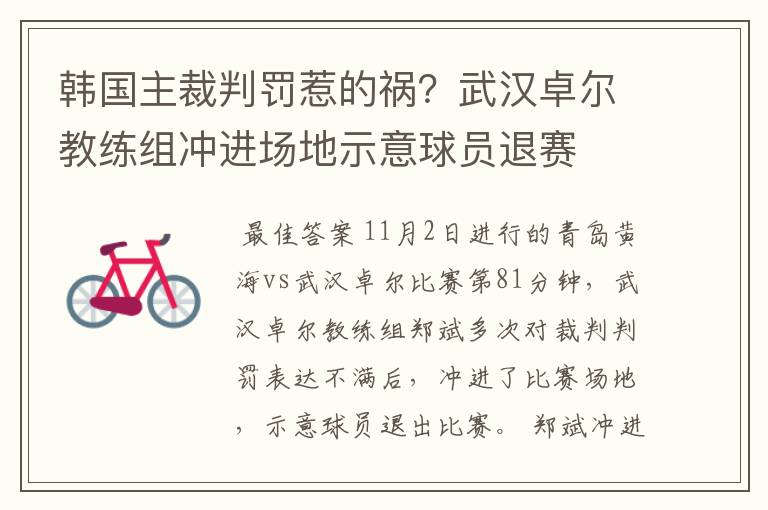 韩国主裁判罚惹的祸？武汉卓尔教练组冲进场地示意球员退赛