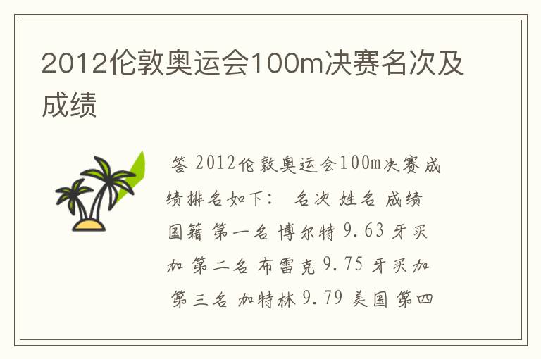 2012伦敦奥运会100m决赛名次及成绩