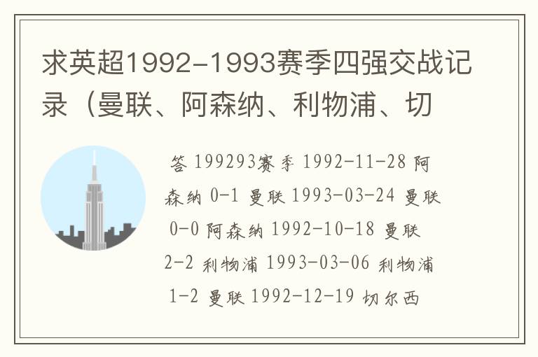 求英超1992-1993赛季四强交战记录（曼联、阿森纳、利物浦、切尔西）