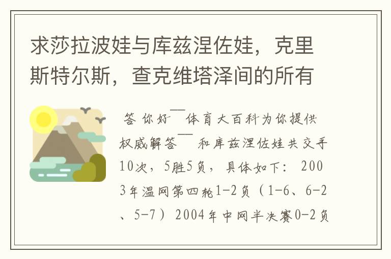 求莎拉波娃与库兹涅佐娃，克里斯特尔斯，查克维塔泽间的所有交手比分，多谢~