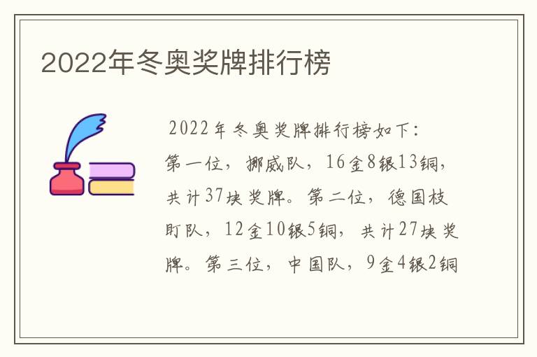 2022年冬奥奖牌排行榜