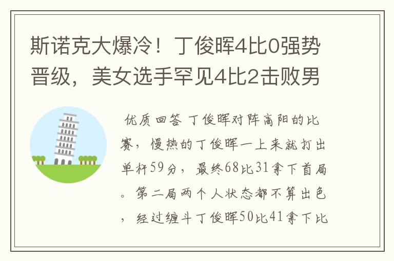 斯诺克大爆冷！丁俊晖4比0强势晋级，美女选手罕见4比2击败男选手