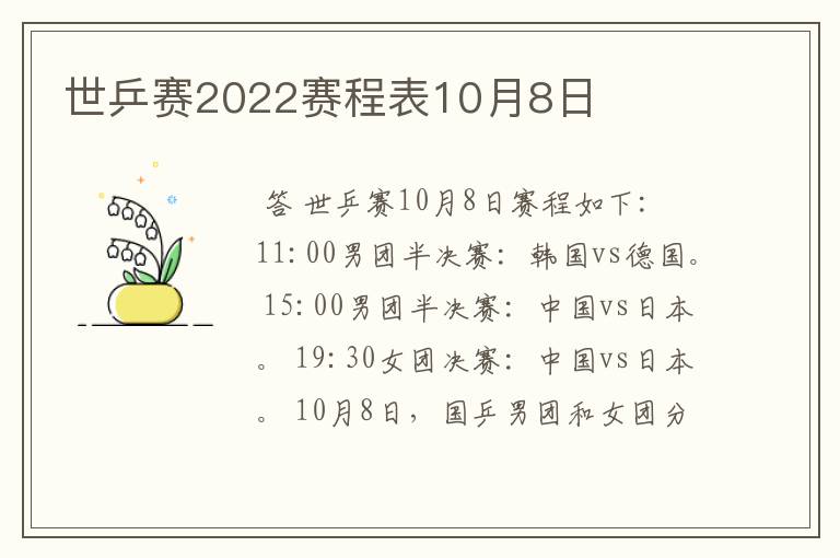 世乒赛2022赛程表10月8日