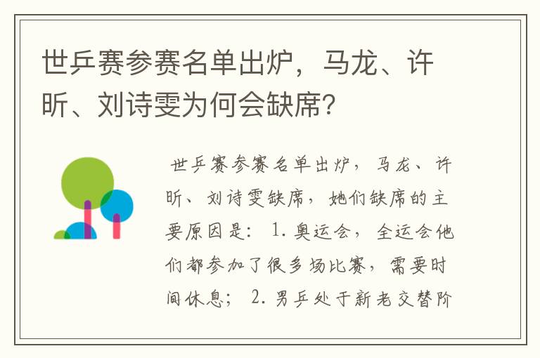 世乒赛参赛名单出炉，马龙、许昕、刘诗雯为何会缺席？