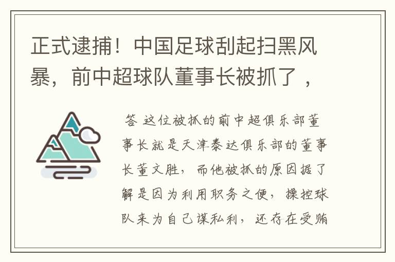 正式逮捕！中国足球刮起扫黑风暴，前中超球队董事长被抓了 ，是因为啥？