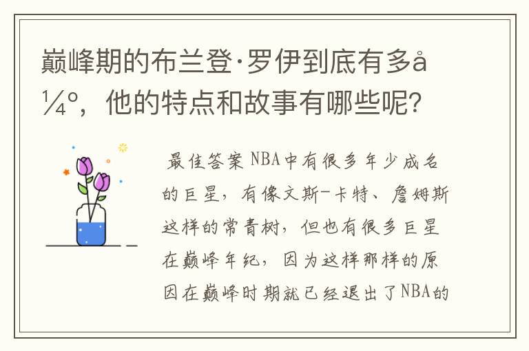 巅峰期的布兰登·罗伊到底有多强，他的特点和故事有哪些呢？