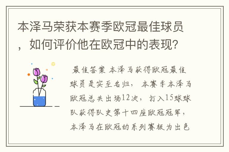 本泽马荣获本赛季欧冠最佳球员，如何评价他在欧冠中的表现？