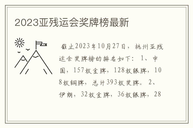 2023亚残运会奖牌榜最新