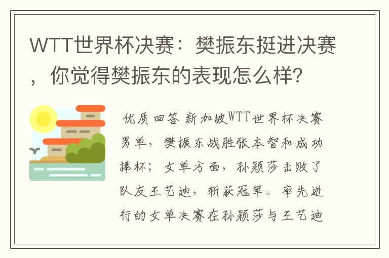 WTT世界杯决赛：樊振东挺进决赛，你觉得樊振东的表现怎么样？