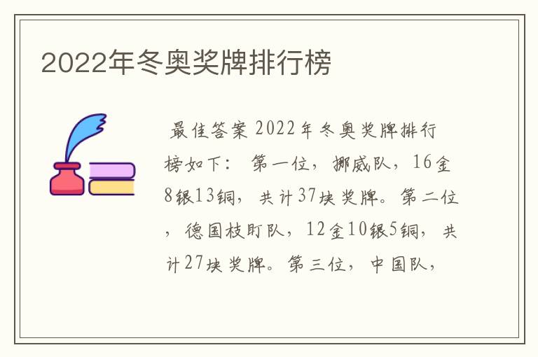 2022年冬奥奖牌排行榜