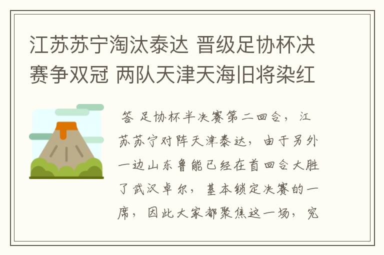 江苏苏宁淘汰泰达 晋级足协杯决赛争双冠 两队天津天海旧将染红