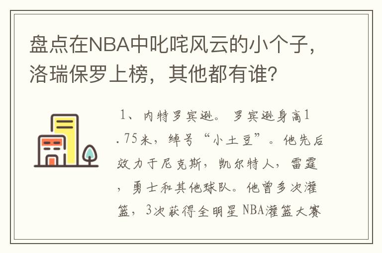 盘点在NBA中叱咤风云的小个子，洛瑞保罗上榜，其他都有谁？