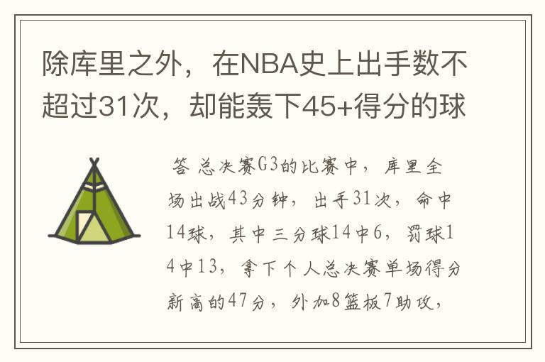 除库里之外，在NBA史上出手数不超过31次，却能轰下45+得分的球员都有谁？