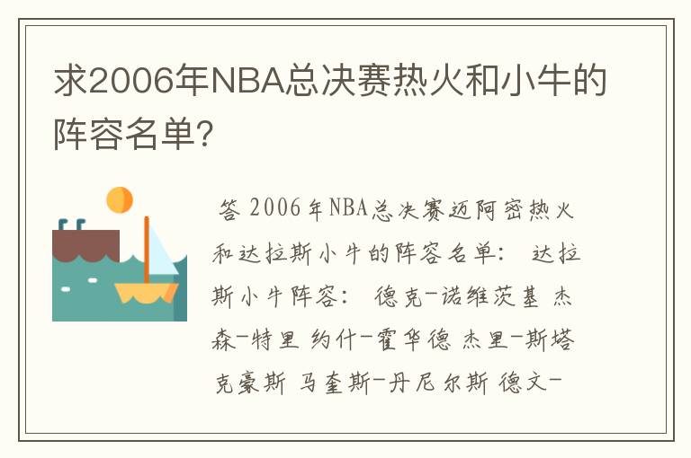 求2006年NBA总决赛热火和小牛的阵容名单？