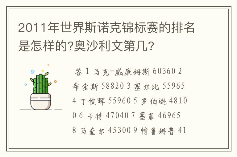 2011年世界斯诺克锦标赛的排名是怎样的?奥沙利文第几?