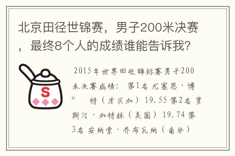 北京田径世锦赛，男子200米决赛，最终8个人的成绩谁能告诉我？