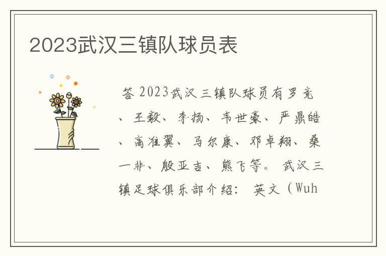 2023武汉三镇队球员表