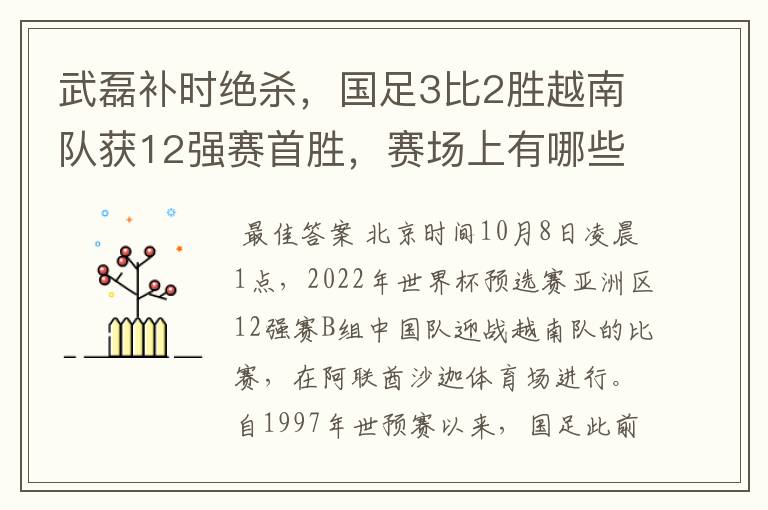 武磊补时绝杀，国足3比2胜越南队获12强赛首胜，赛场上有哪些精彩瞬间？