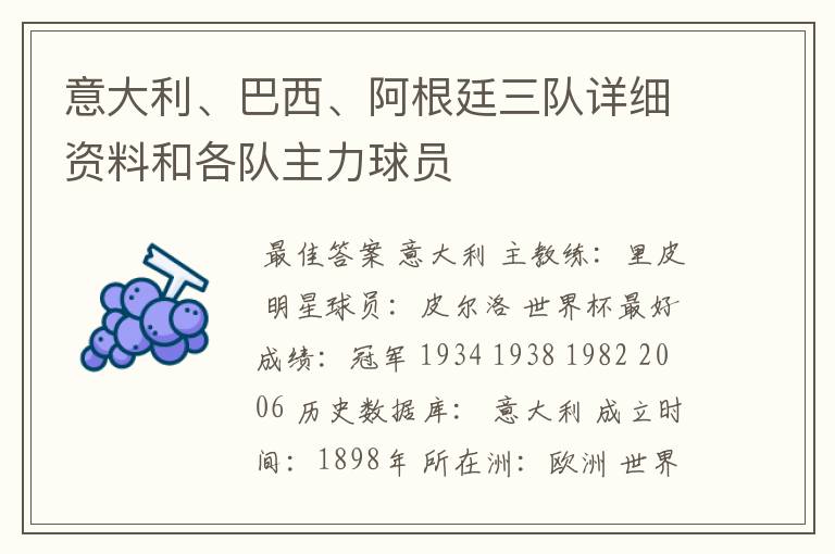 意大利、巴西、阿根廷三队详细资料和各队主力球员