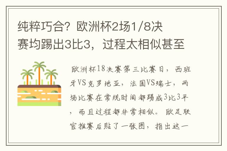 纯粹巧合？欧洲杯2场1/8决赛均踢出3比3，过程太相似甚至引发质疑